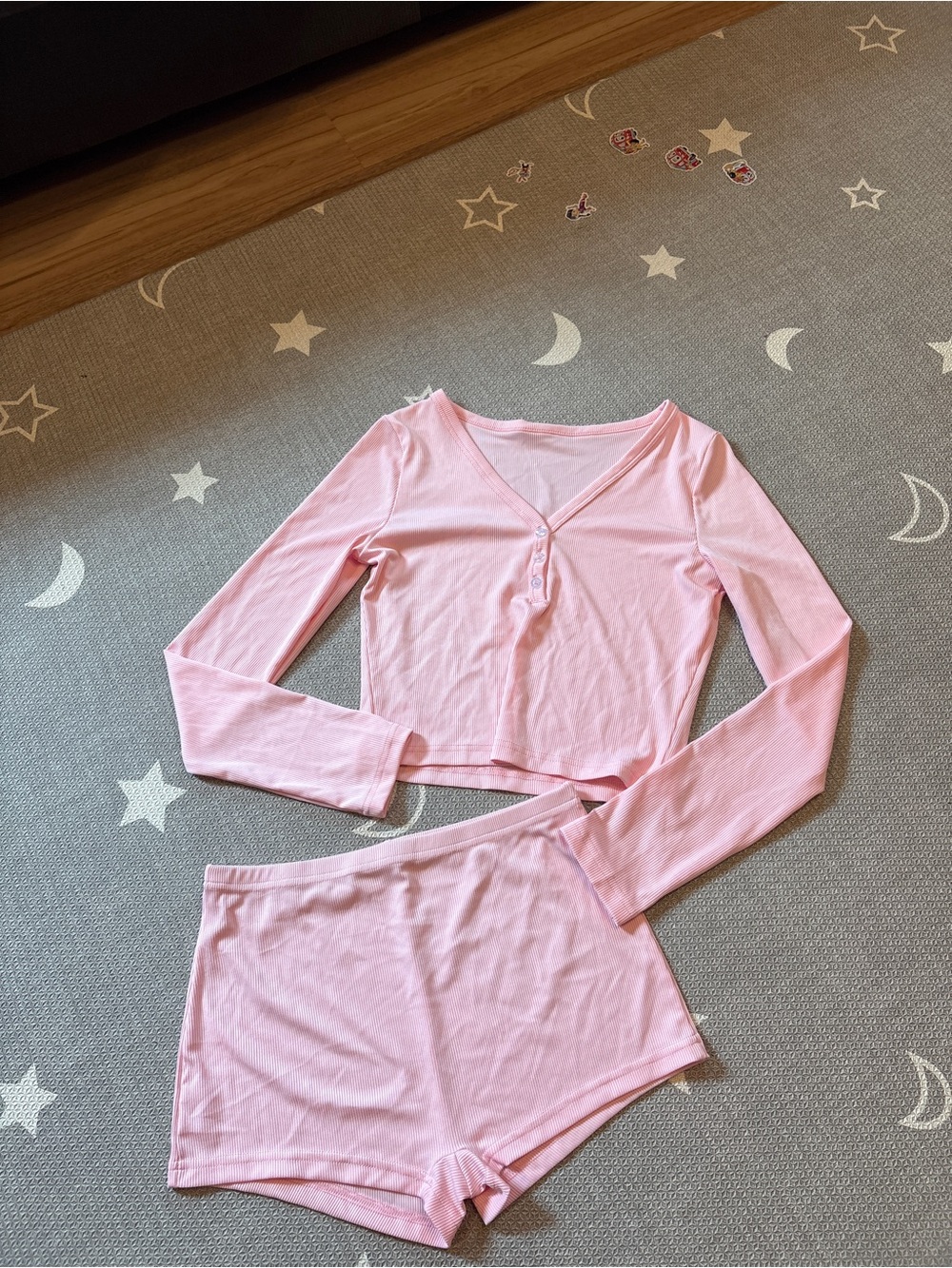 SHEIN Light Pink Long-Sleeve Henley Crop Top & Shorts Sleep Set
